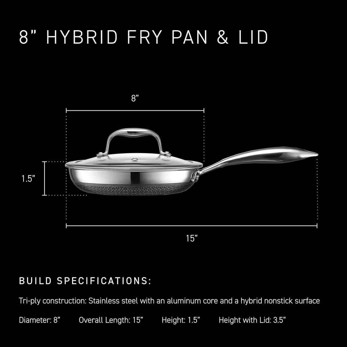 Hexclad 8" Hybrid Nonstick Frying Pan with Lid, Dishwasher & Oven Safe