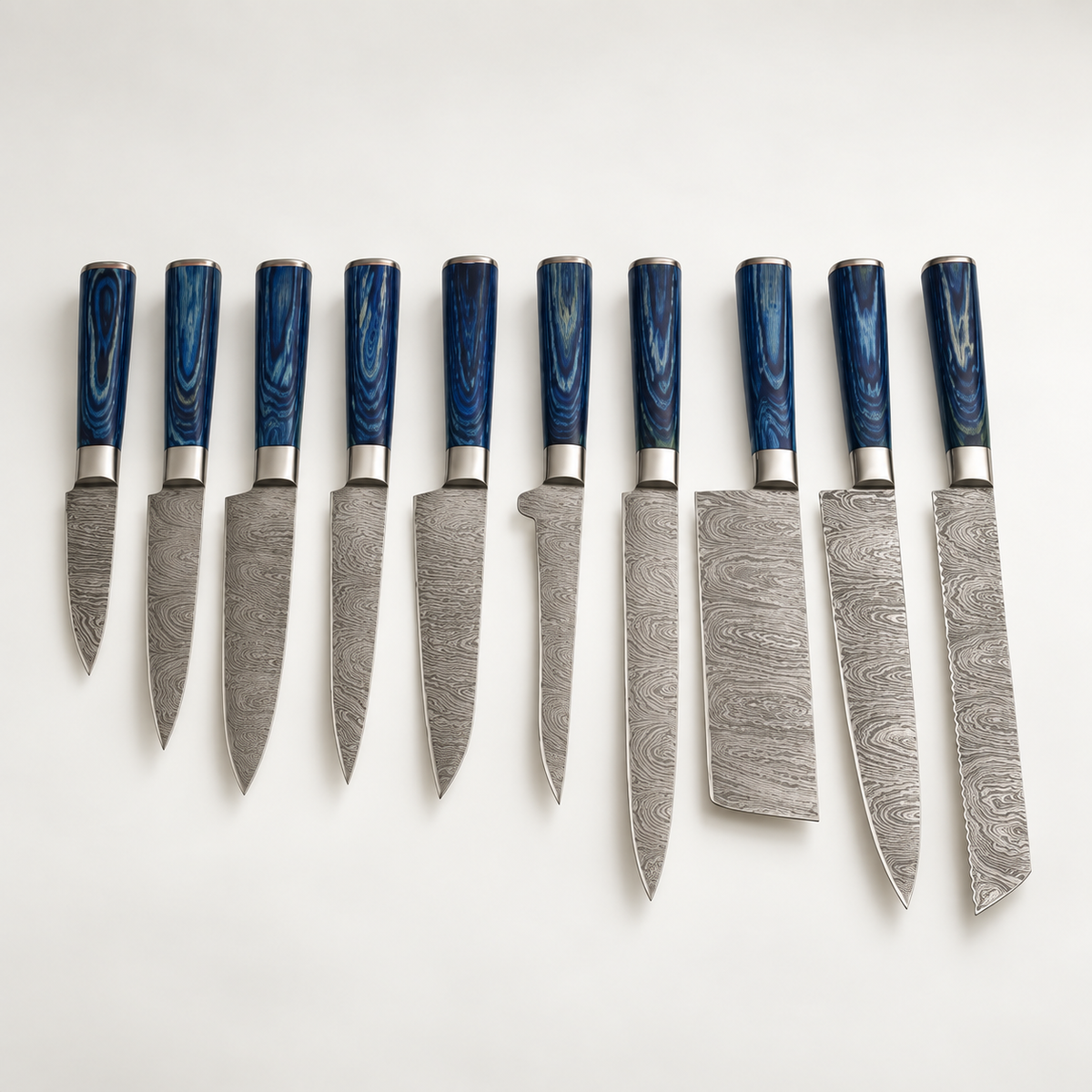JW SteelCrafts Damascus Knife Set with Blue Pakkawood Handles, 10-Piece