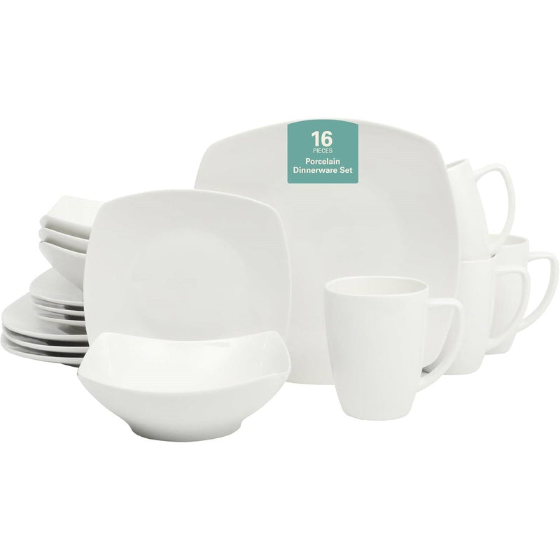 Square Porcelain Dinnerware Set, 16-Piece, White