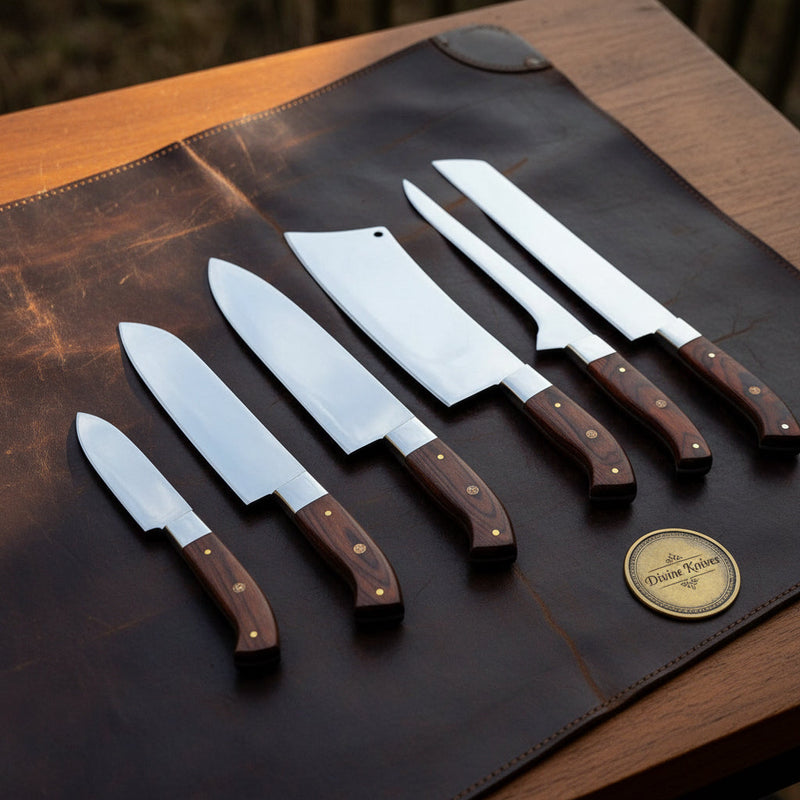 Full-Tang Knife Set with Brown Pakkawood Handles