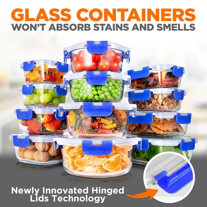Glass Food Storage Container Set with Lids, 24-Piece