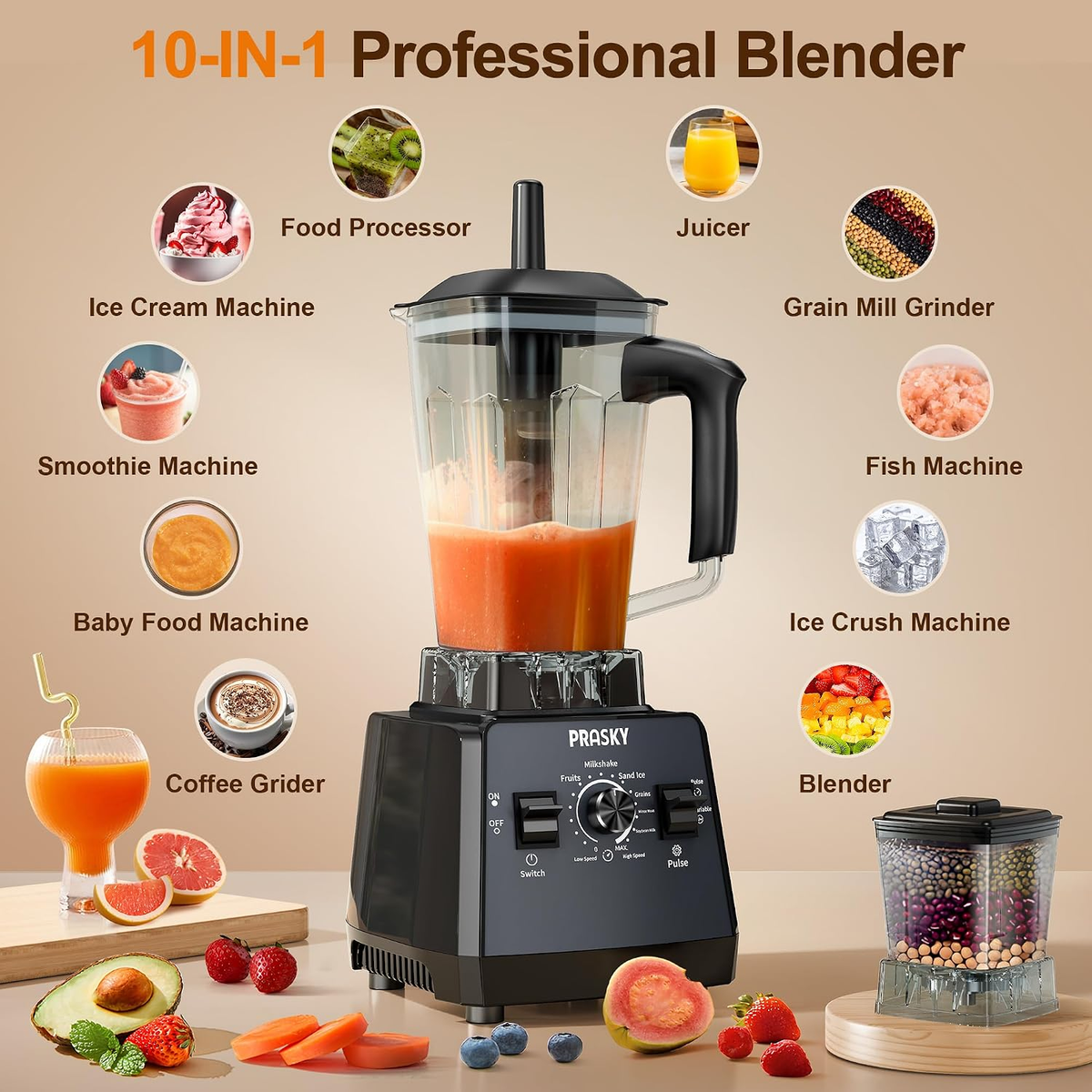 PRASKY Blender and Grinder Combo, 68 oz