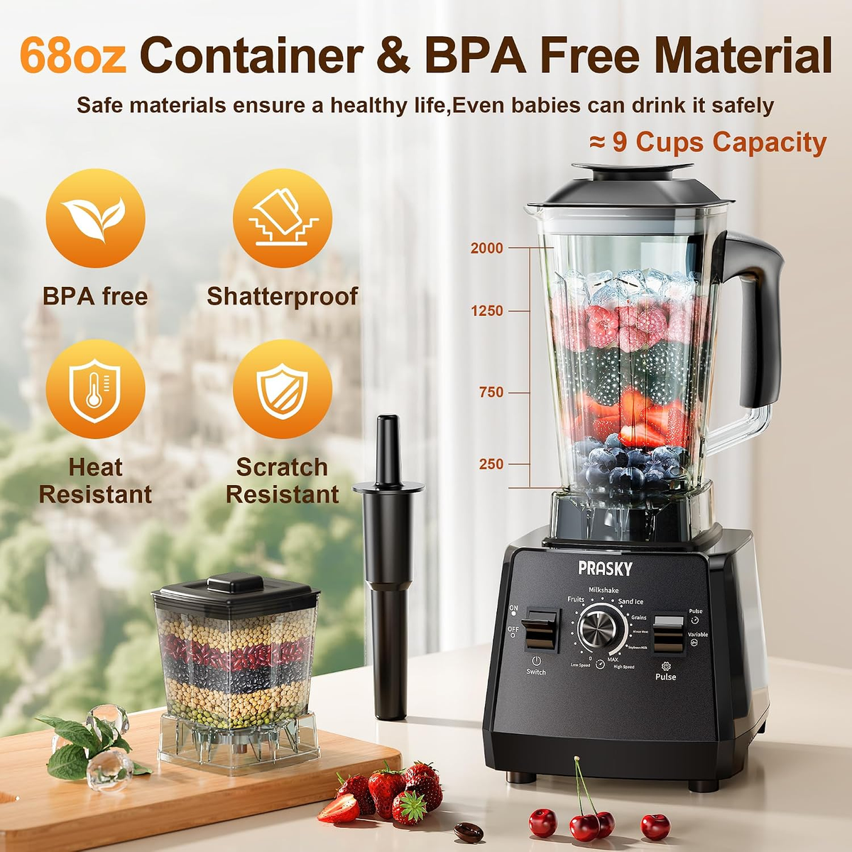 PRASKY Blender and Grinder Combo, 68 oz