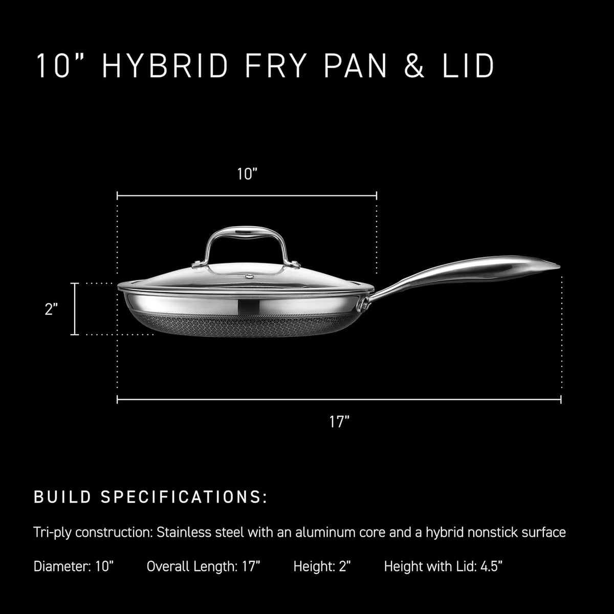 Hexclad 10" Hybrid Nonstick Frying Pan with Lid, Dishwasher & Oven Safe