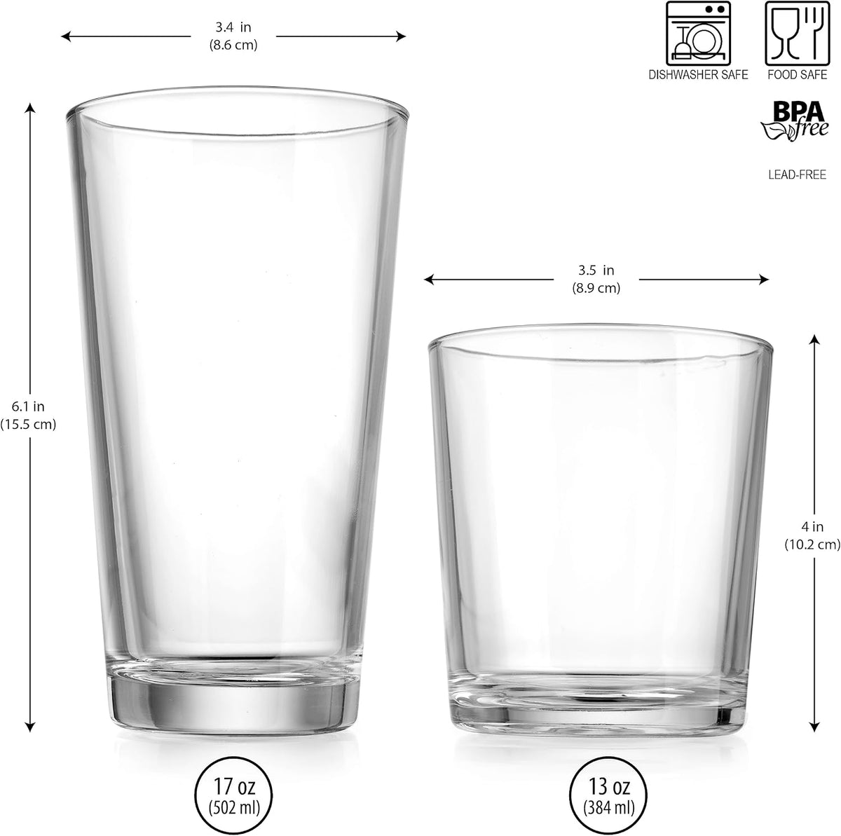 Drinking Glasses Set of 12. Glassware Set, 6 Highball Glass Cups, 6 Whiskey Glasses. Classic Drinkware Set 17 Oz Tall Glasses Set and 13 Oz Rock Glasses.