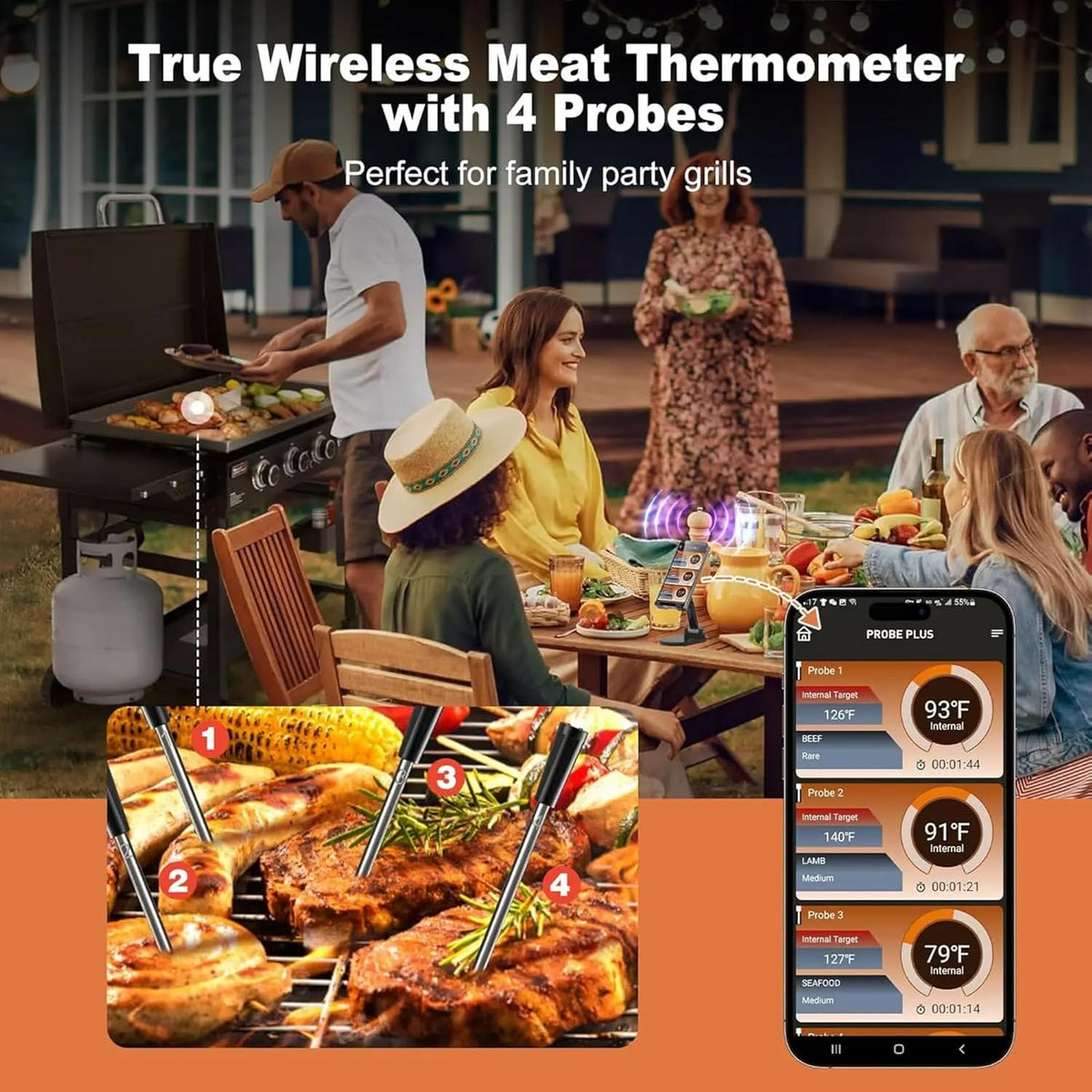 Bluetooth Meat Thermometer | Digital Wireless Meat Thermometer with Ceramic Ultra-Thin 4 Probes| Remote Range- Real Time Reading | Monitor Meat Temp for BBQ Upto 300°C (572°F) App for Ios Android