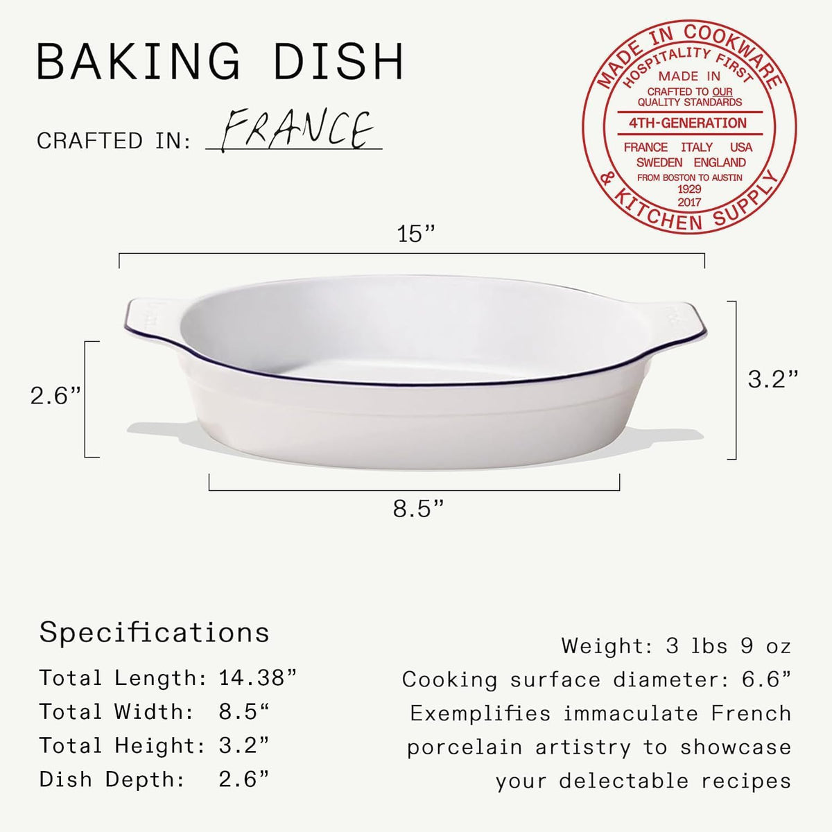 Made in Cookware - Oval Baking Dish - Navy Rim - Handcrafted Porcelain - Professional Bakeware - Crafted in France