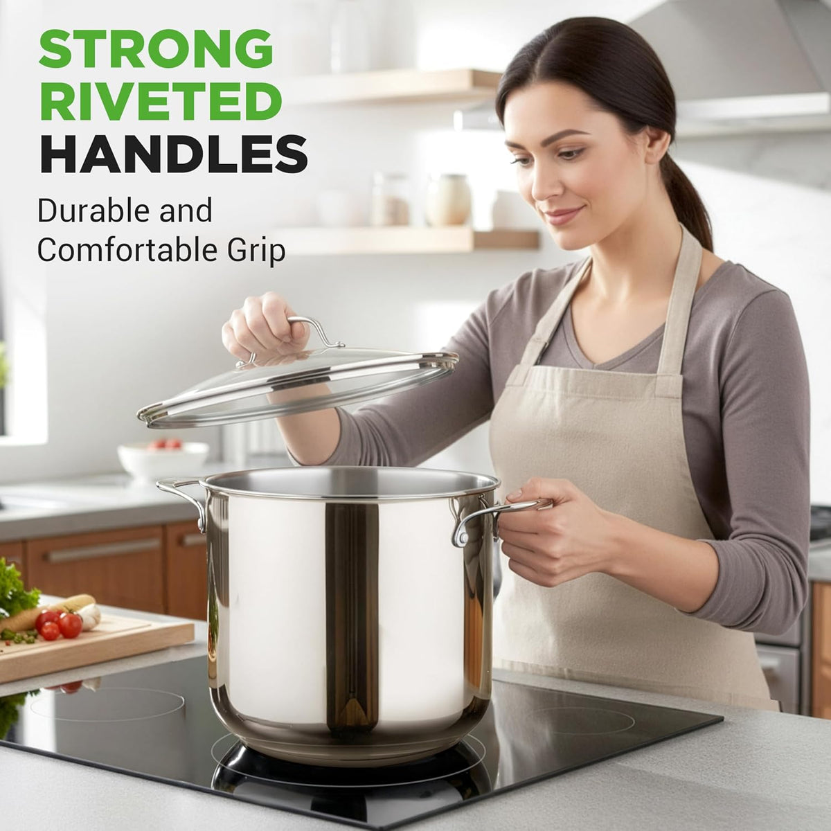 15-Quart Induction-Compatible Stainless Steel Stock Pot with Tempered Glass Lid - Dishwasher Safe for Easy Cleanup