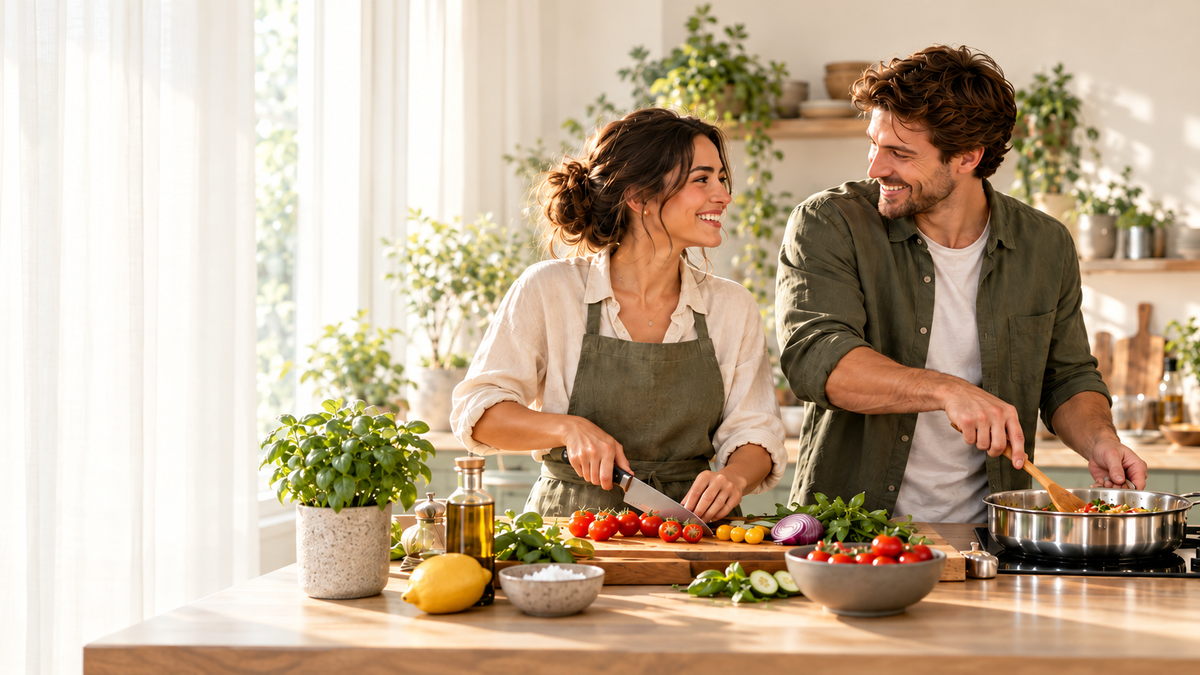 A smiling couple preparing vegetables and cooking together in a luminous sage kitchen