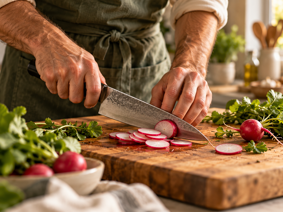 Hands preparing vegetables with a chef knife
