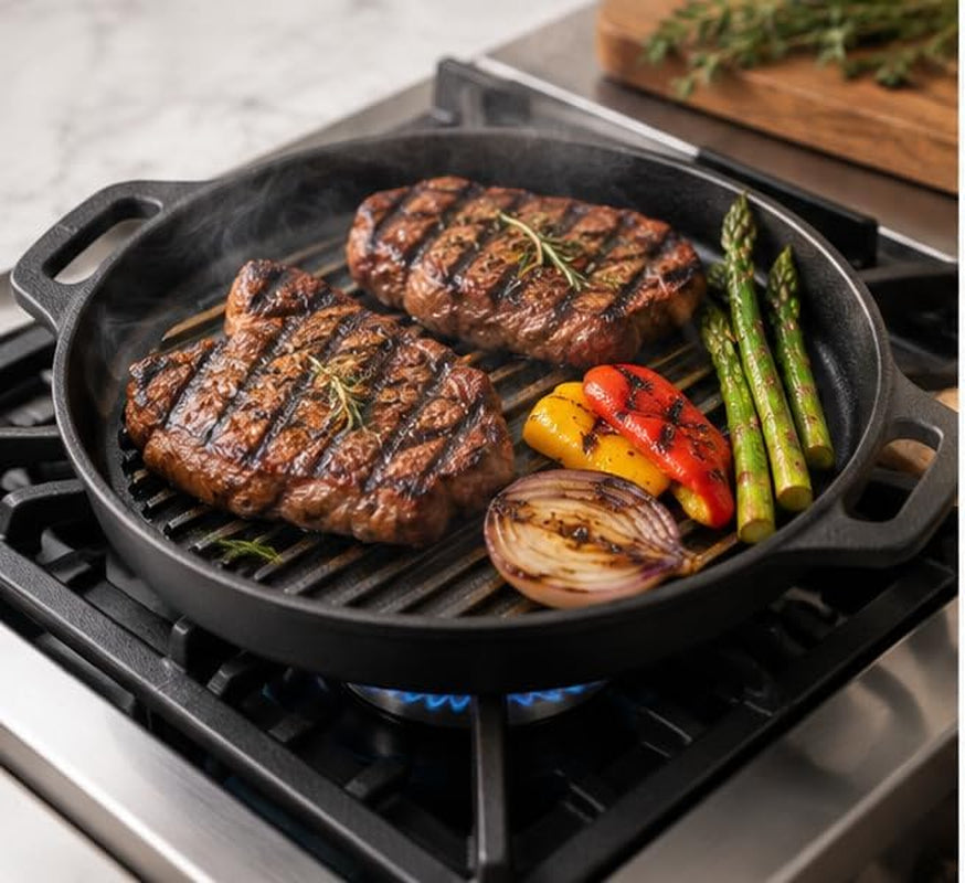 3-In-1 Triple Dutch Oven Multi-Cooker Double Dutch Pre-Seasoned Cast Iron Dutch Oven Set with Reversible Grill Pan Lid, 5 Quart Combo Cooker Deep Skillet and Griddle Pan, Heavy Duty Non-Stick Pot for Baking, Grilling, Frying, Stovetop and Oven