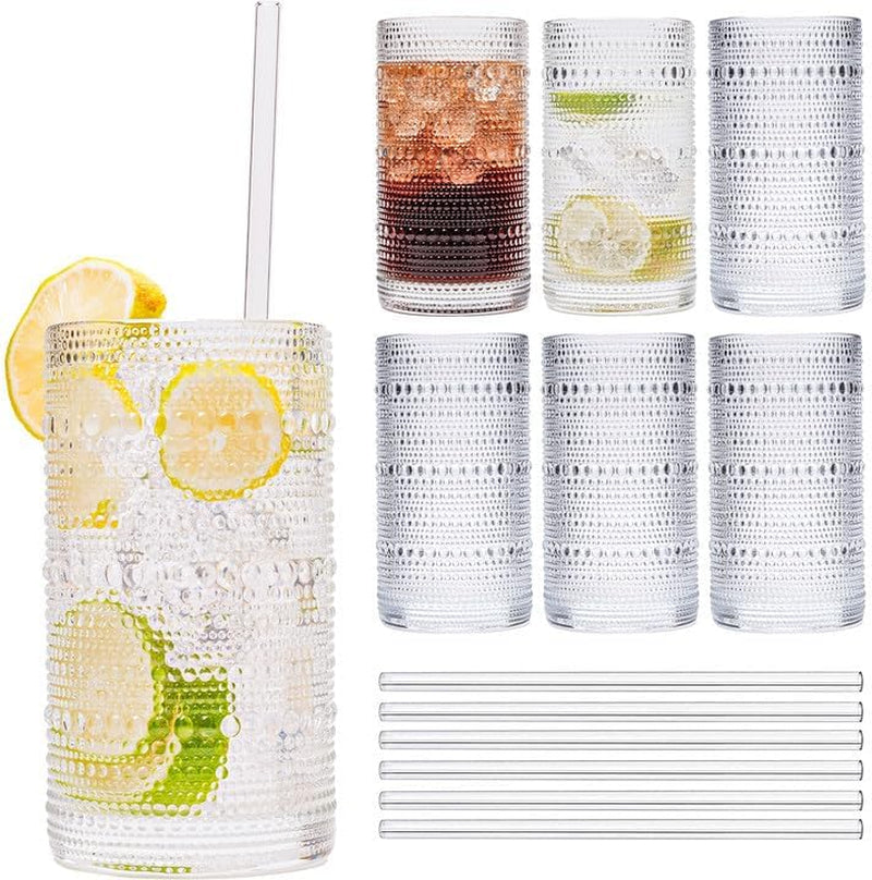 Hobnail Drinking Glasses with Glass Straws, Clear