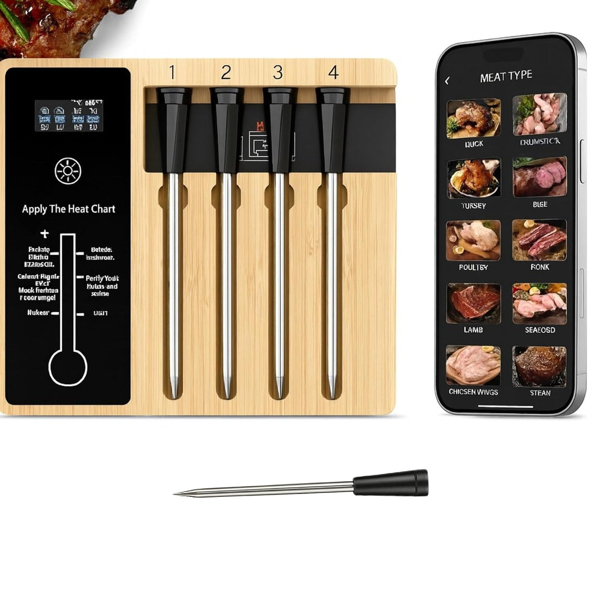 Bluetooth Meat Thermometer | Digital Wireless Meat Thermometer with Ceramic Ultra-Thin 4 Probes| Remote Range- Real Time Reading | Monitor Meat Temp for BBQ Upto 300°C (572°F) App for Ios Android