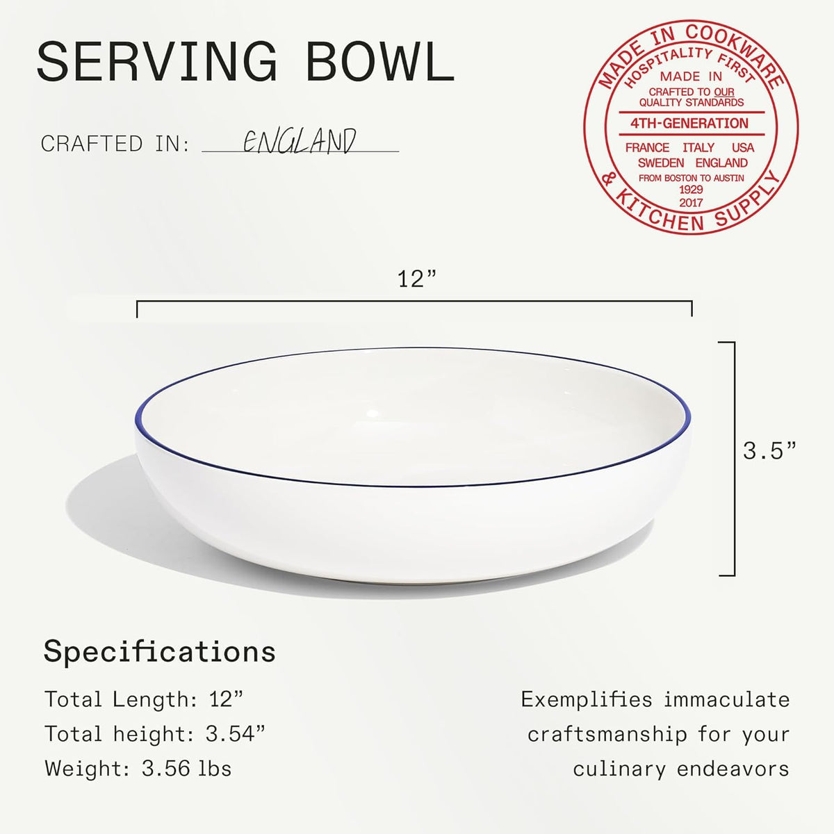 Made in Cookware - Serving Bowl - White with Navy Rim - Porcelain - Crafted in England