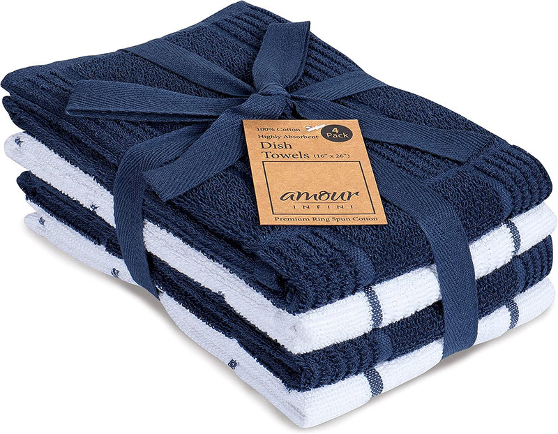 Cotton Terry Kitchen Towels, 16 x 26 in, Set of 4, Navy and Blue