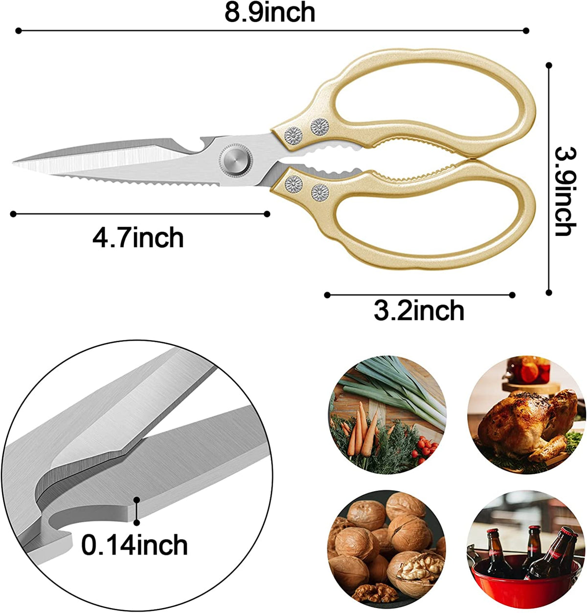 Kitchen Scissors All Purpose Heavy Duty, Ultra Sharp Stainless Steel Kitchen Shears Dishwasher Safe, Cooking Shears for Chicken, Poultry, Fish, Meat, Herbs & Grapes with Non-Slip Grips - Gold