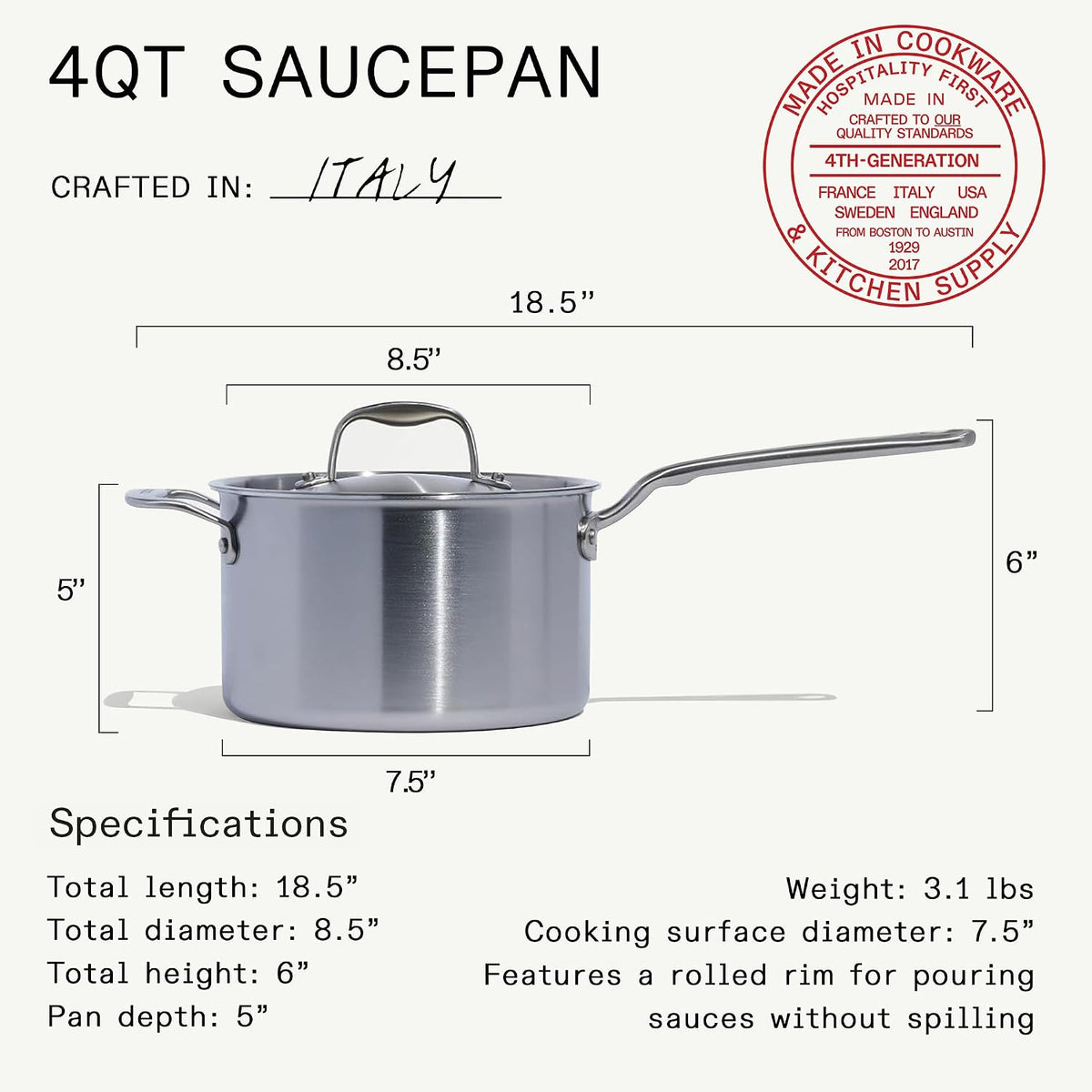 Made in Cookware - 4 Quart Stainless Steel Saucepan with Lid - 5 Ply Stainless Clad Sauce Pan - Professional Cookware - Crafted in Italy - Induction Compatible
