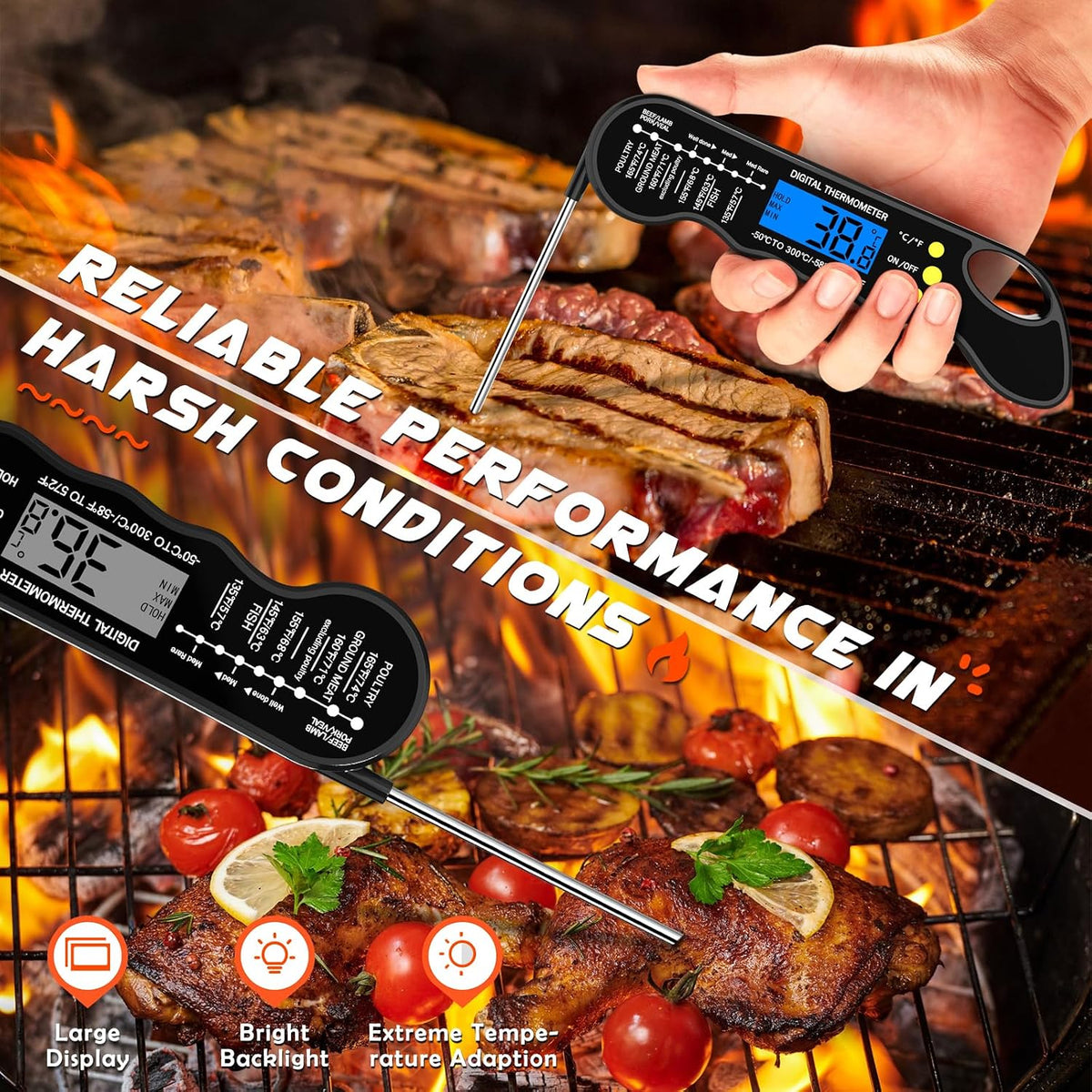 Instant Read Meat Thermometer, Fast & Accurate Digital Food Thermometer with Backlight, Waterproof & Magnet for Grilling, Cooking, BBQ, Smoker, Baking, and Candy Making (Black)