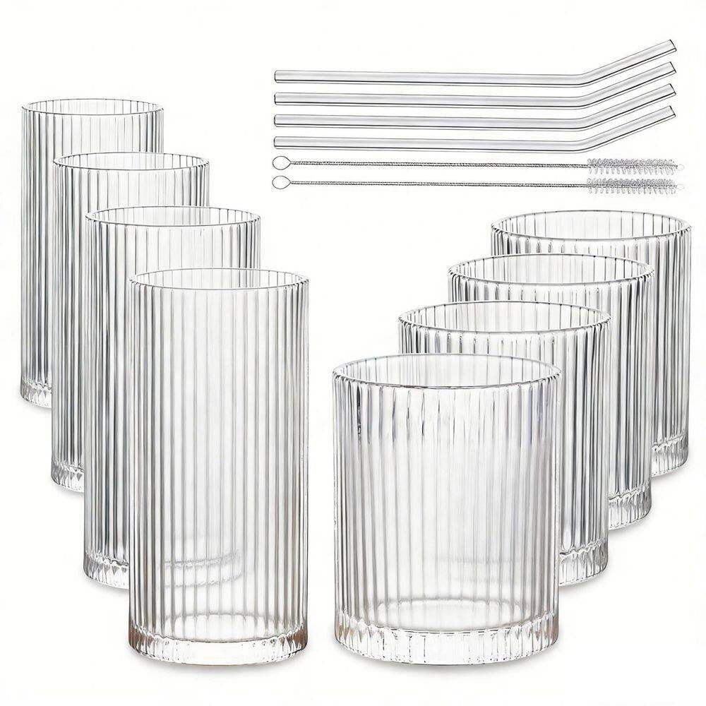 Set of 8 Vintage Glassware, 4 Highball Glasses 12 Oz, 4 Rocks Glass Cups 14 Oz, Ribbed Glassware Cocktail Glasses