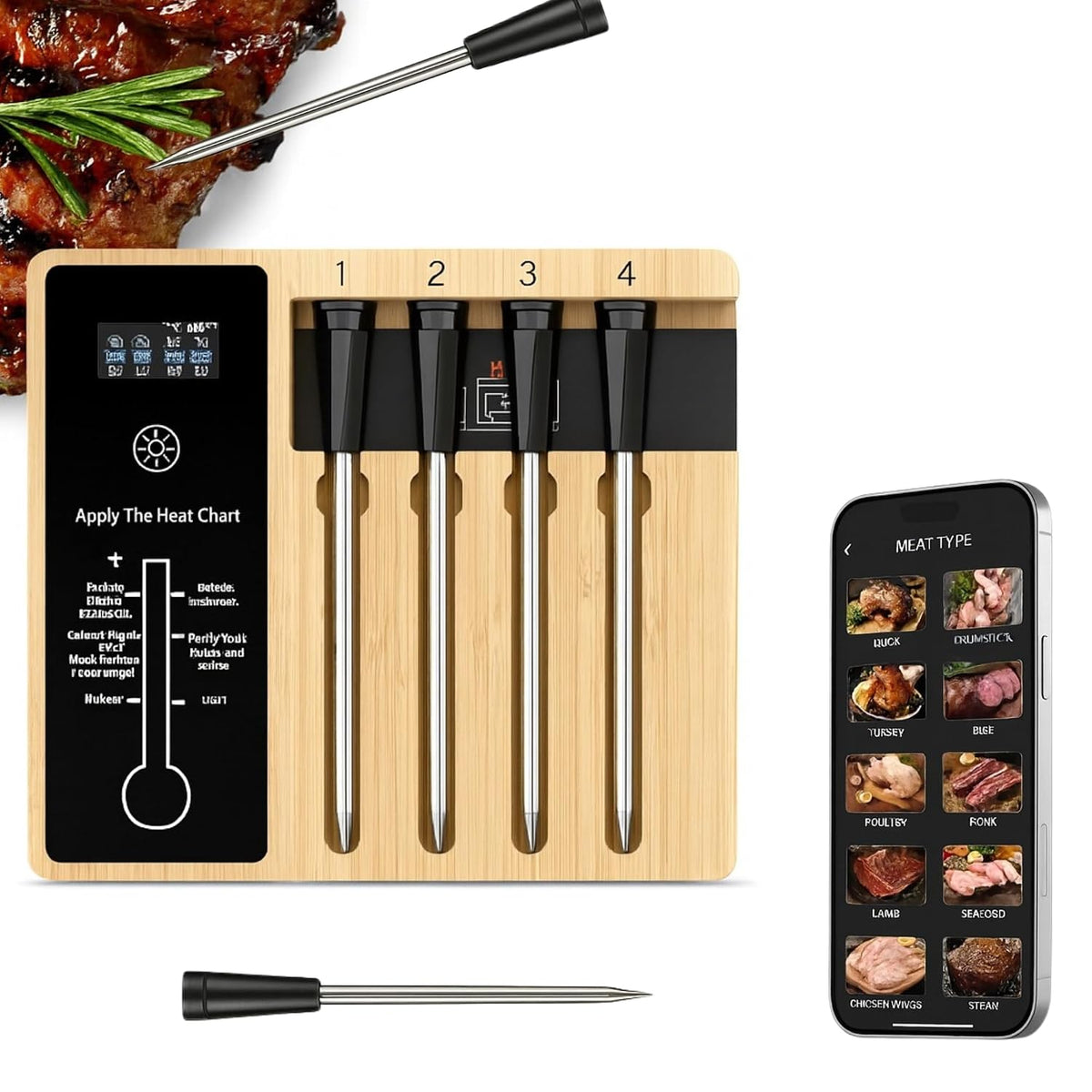 Bluetooth Meat Thermometer | Digital Wireless Meat Thermometer with Ceramic Ultra-Thin 4 Probes| Remote Range- Real Time Reading | Monitor Meat Temp for BBQ Upto 300°C (572°F) App for Ios Android