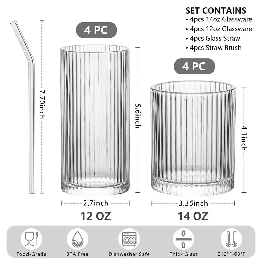 Set of 8 Vintage Glassware, 4 Highball Glasses 12 Oz, 4 Rocks Glass Cups 14 Oz, Ribbed Glassware Cocktail Glasses