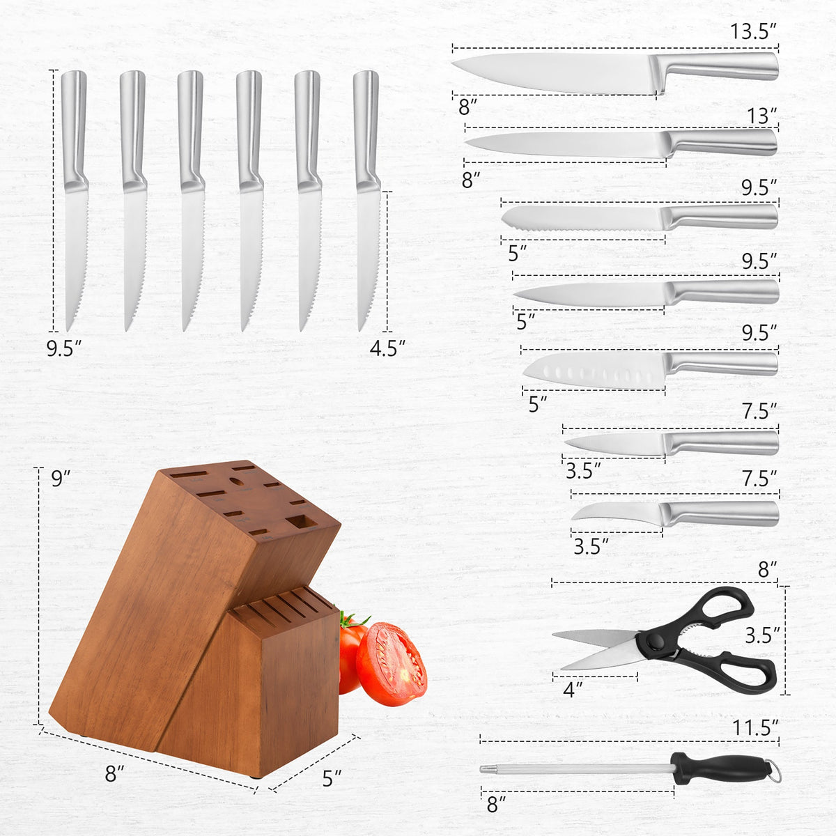Stainless Steel Knife Set with Sharpener, 16-Piece