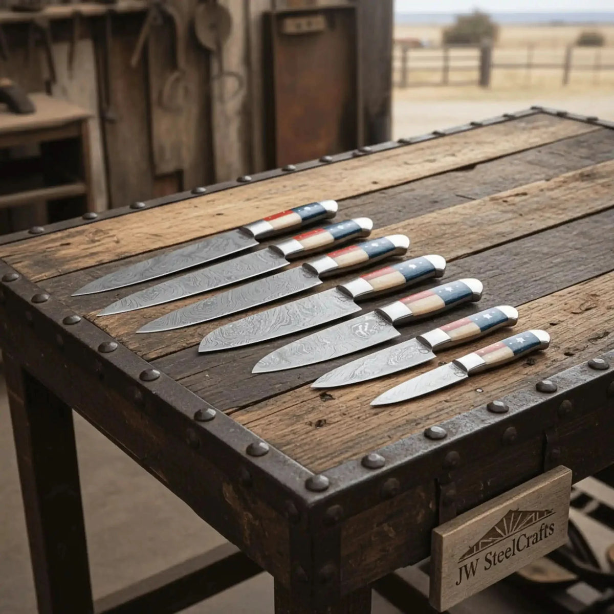 JW SteelCrafts Damascus Knife Set with Texas Flag Handles, 8-Piece
