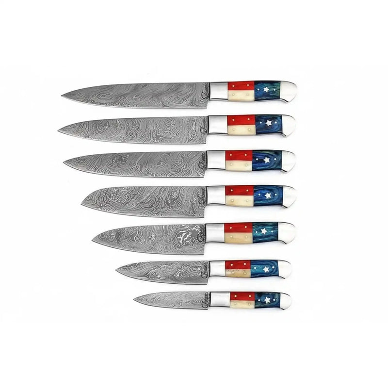 JW SteelCrafts Damascus Knife Set with Texas Flag Handles, 8-Piece