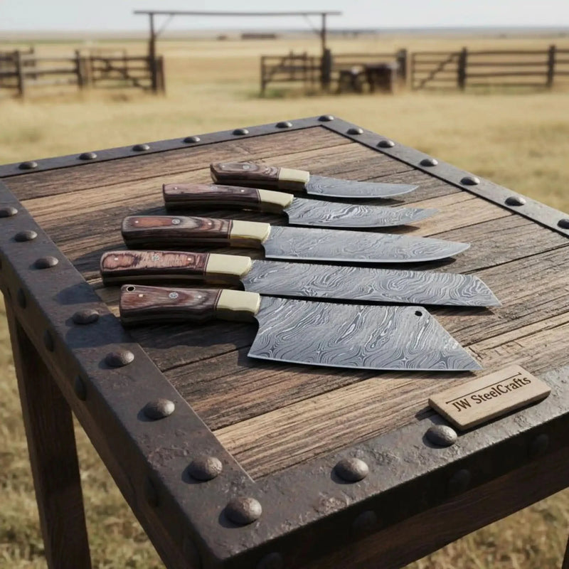 JW SteelCrafts Damascus Knife Set with Wood Handles, 5-Piece