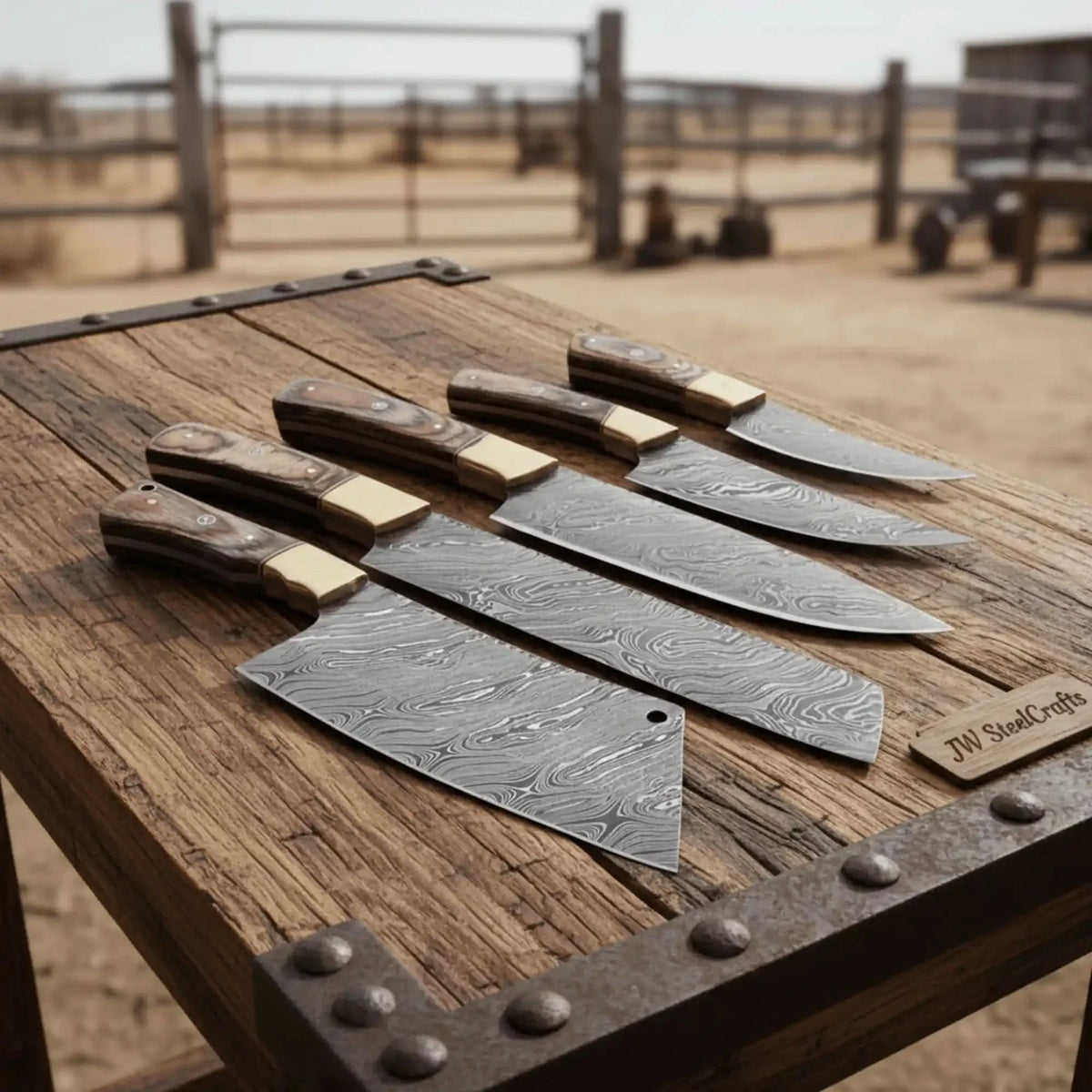 JW SteelCrafts Damascus Knife Set with Wood Handles, 5-Piece