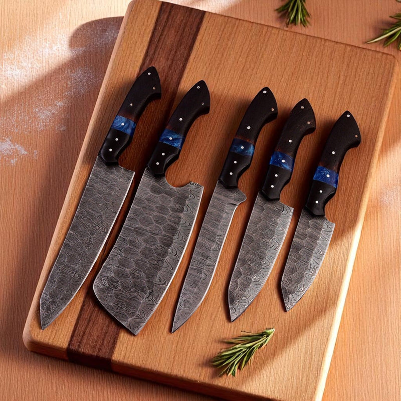 Full-Tang Damascus Kitchen Knife Set, 5-Piece